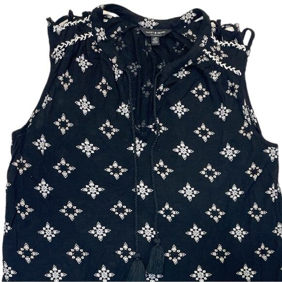 Lucky Sleeveless Blouse boho printed design fringe tassels V-neck Size Large - Picture 2 of 10